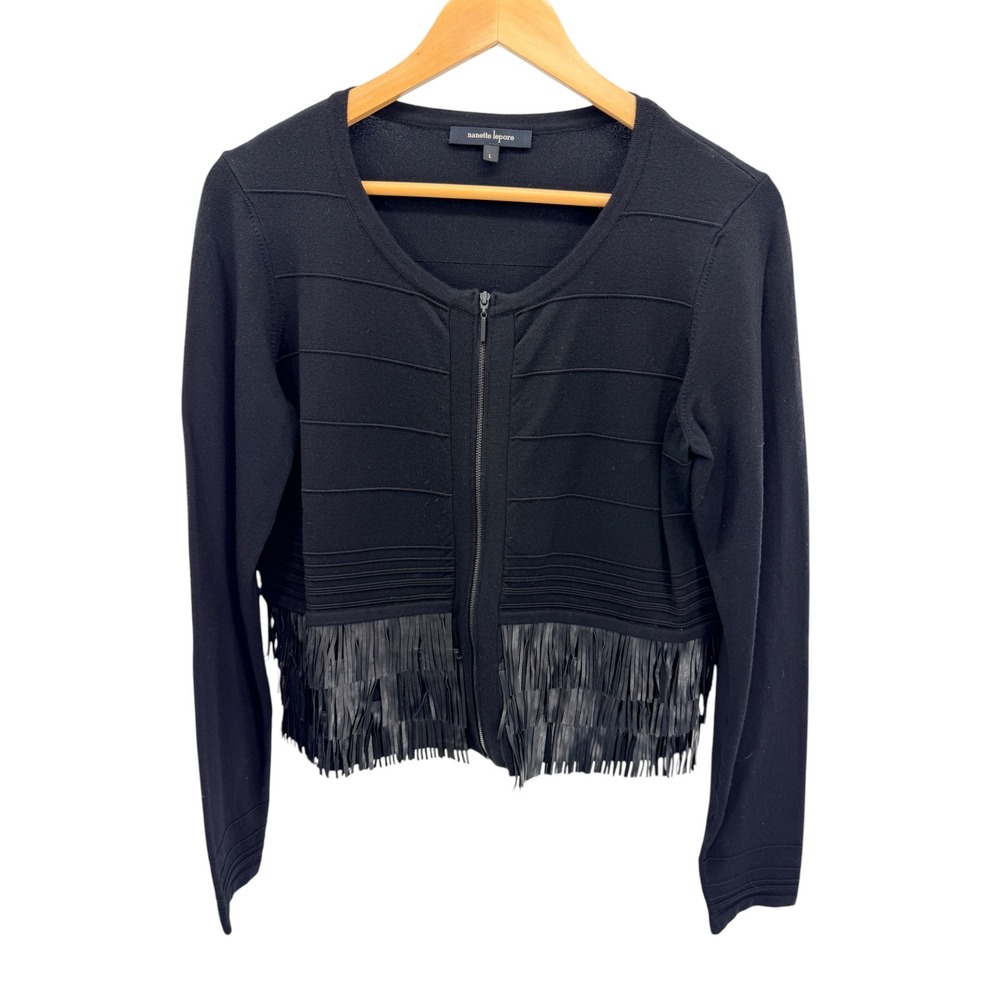 Nanette Lepore Merino Wool Leather Fringe Jacket Zip Sweater Cardigan L Western